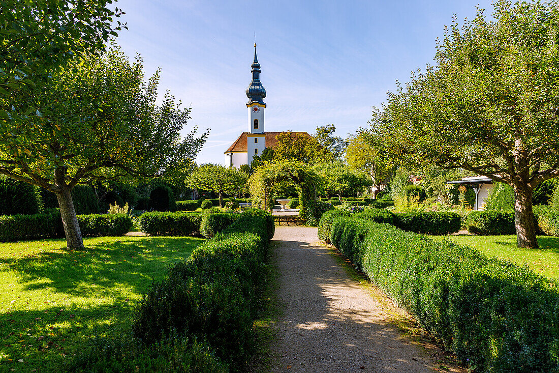 Church of St. Josef and Starnberg Castle Garden in Starnberg in Upper Bavaria, Bavaria, Germany