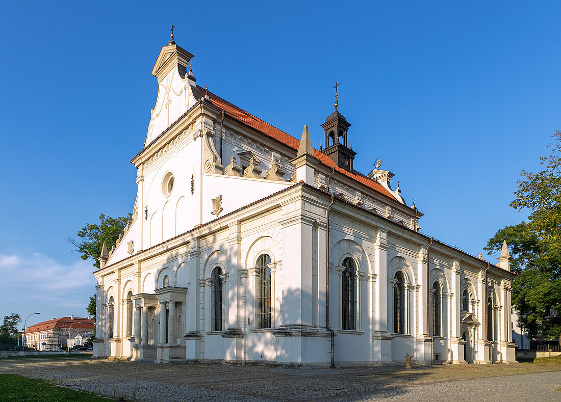 Kathedrale, früher Kollegiatskirche St. Thomas (Katedra), im Hintergrund Zamoyski Palais, in Zamość in der Wojewodschaft Lubelskie in Polen