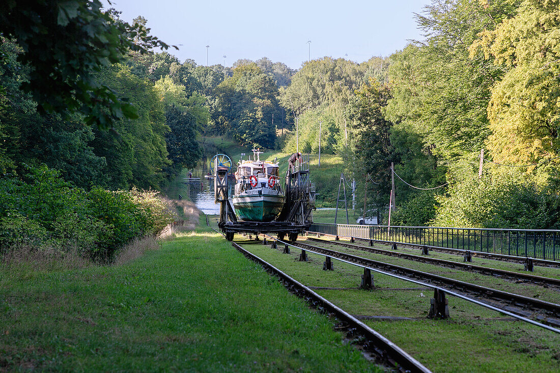 Oberland Canal (Oberlandkanal, Kanał Elbląski) with the Pochylnia Buczyniec (Buchwalde) ship railway in the Masuria (Mazury) in the Warmińsko-Mazurskie Voivodeship in Poland