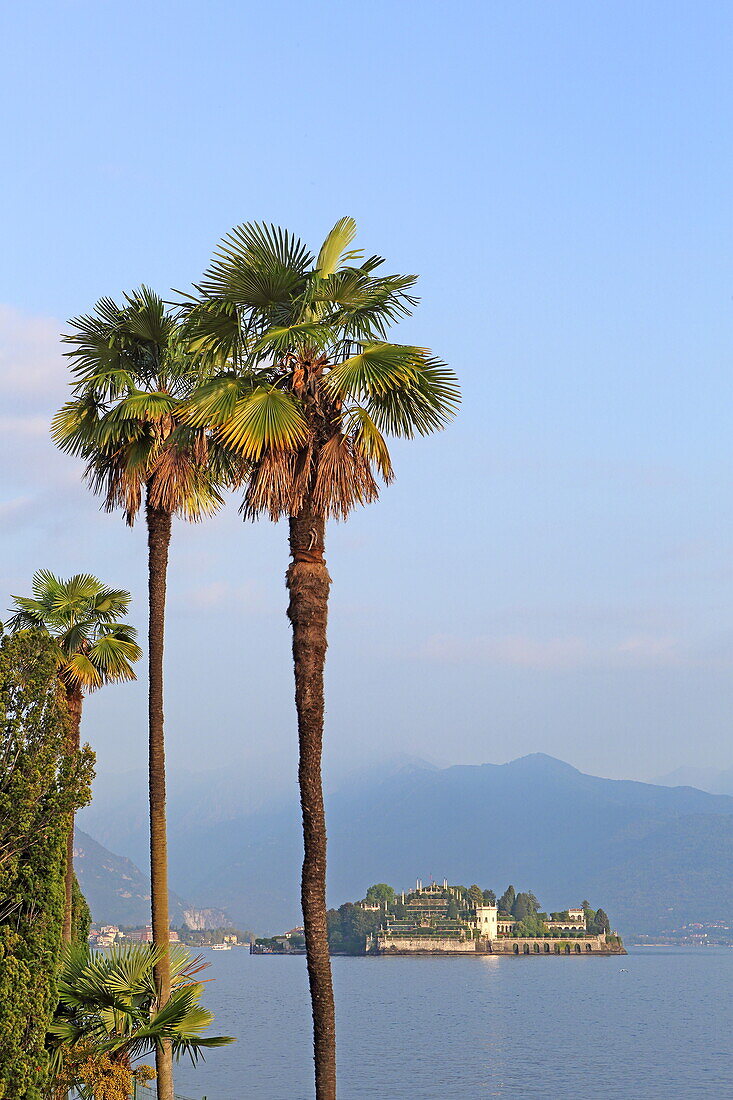 Blick von der Strandpromenade von Kurort Stresa auf den Barockgarten der Isola Bella im Lago Maggiore, Piemont, Italien