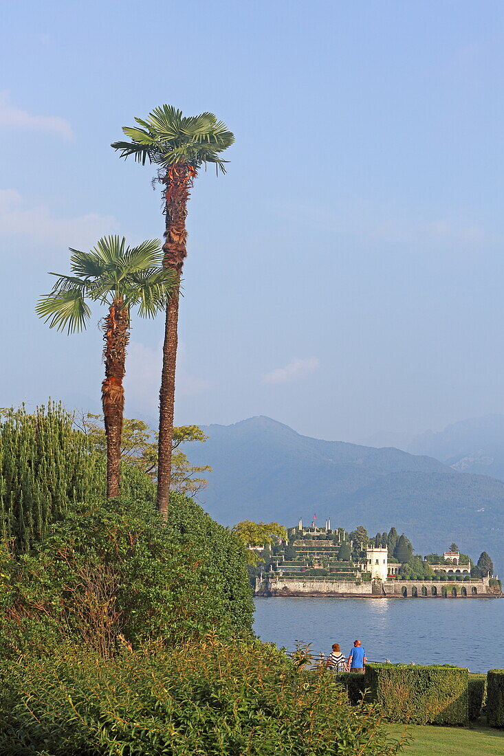 View from the beach promenade of the spa town of Stresa to the baroque garden of Isola Bella in Lake Maggiore, Piedmont, Italy