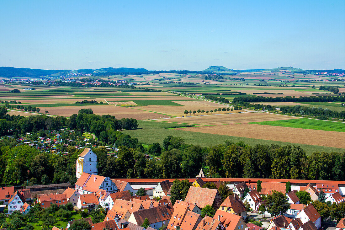 Nördlingen, view from the Daniel tower, on the defensive wall, the Ries, and the Ipf mountain, in the background, Romantic Road, Bavaria, Germany