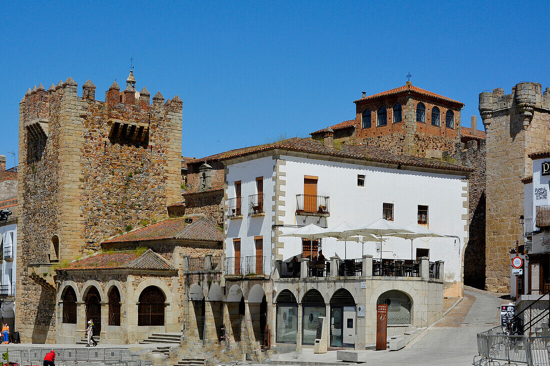 Caceres, Extremadura, historic, medieval, buildings, Bujaco Tower and Eremita, in Plaza Mayor, city center, Spain