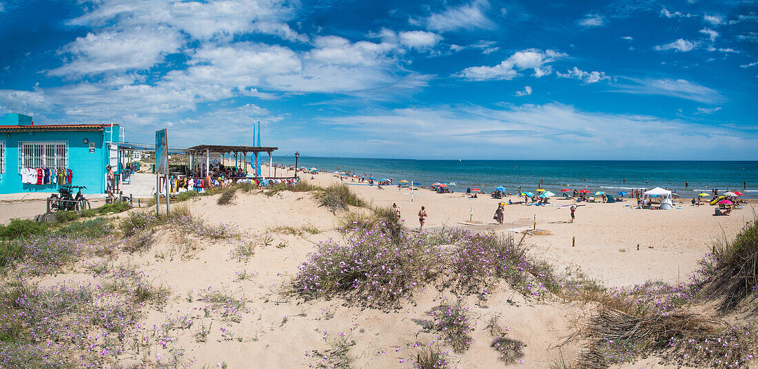 Oliva Nova dune beach, beach chiringuito, on one of the most beautiful beaches on the Costa Blanca, Spain