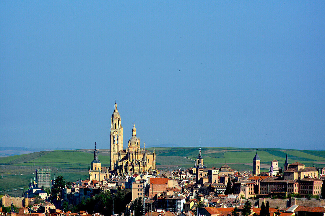 Segovia, Castile, in the Sierra da Guadarrama, in Spain, entire city, center, with basilica,