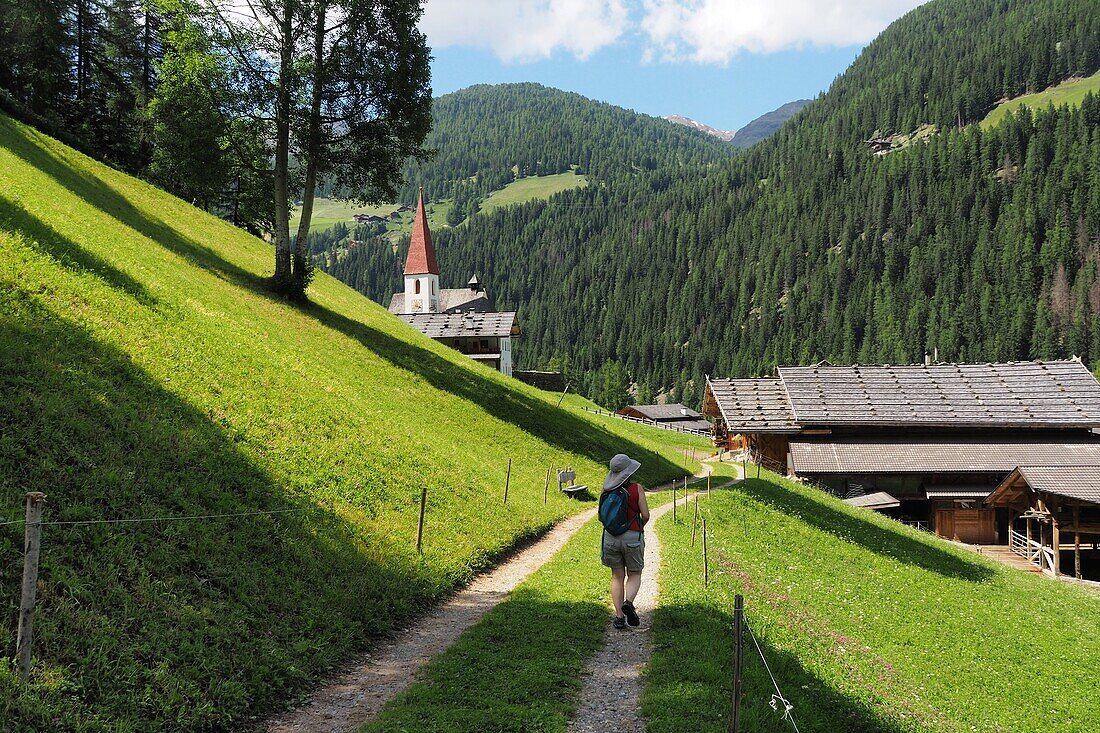 Hiking near St. Gertrude in the upper Ultental, South Tyrol, Italy