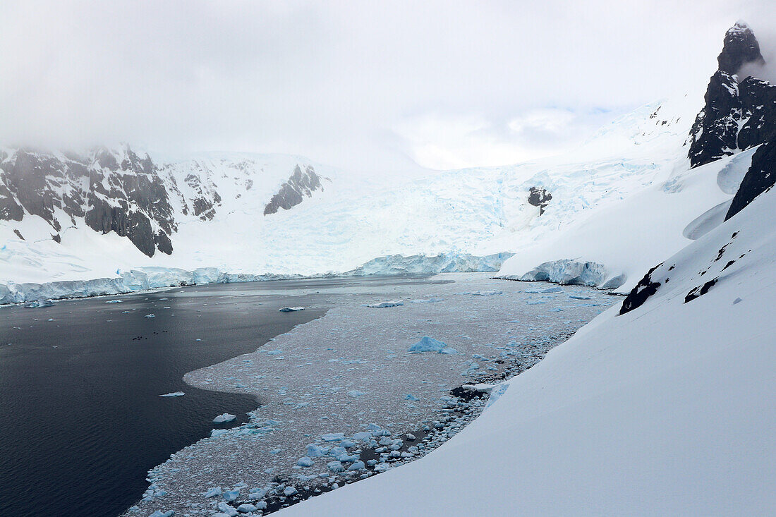 Antarctic; Antarctic Peninsula; Orne Harbour; Snow covered mountains; Glacier; Ice floes and smaller icebergs in the bay