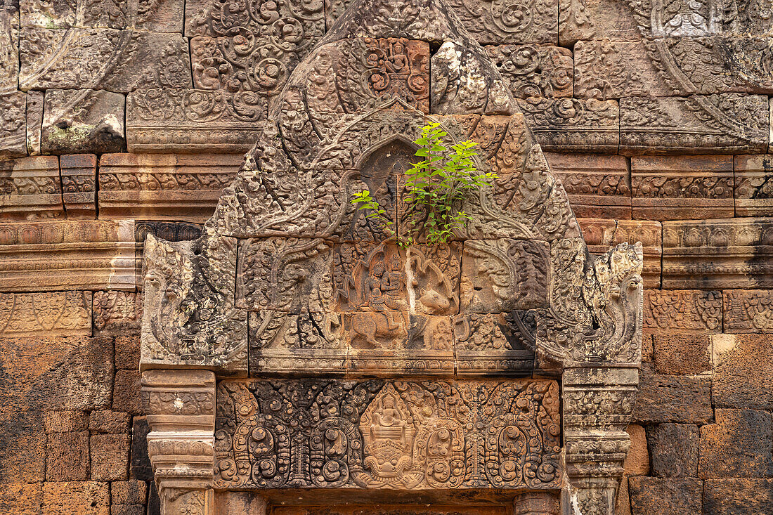 Relief mit Shiva und Parvati auf dem Bullen Nandi über der Scheintür des Bergtempel Wat Phu, Provinz Champasak, Laos, Asien  