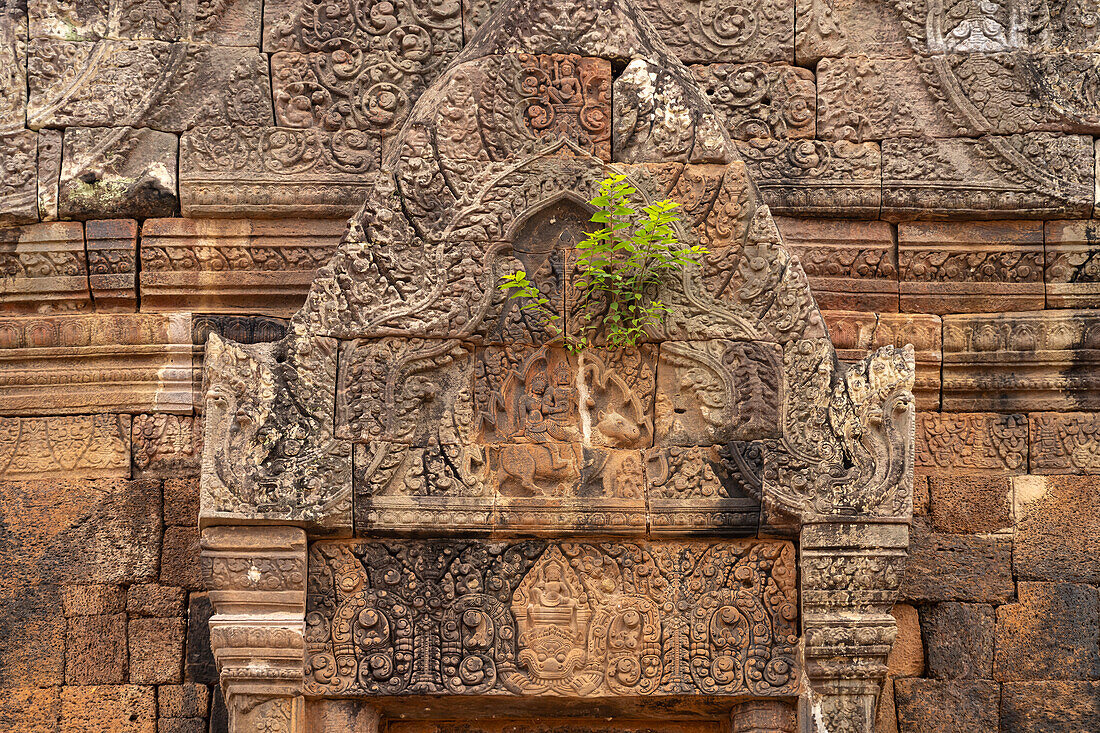 Relief with Shiva and Parvati on the bull Nandi above the false door of the mountain temple Wat Phu, Champasak Province, Laos, Asia