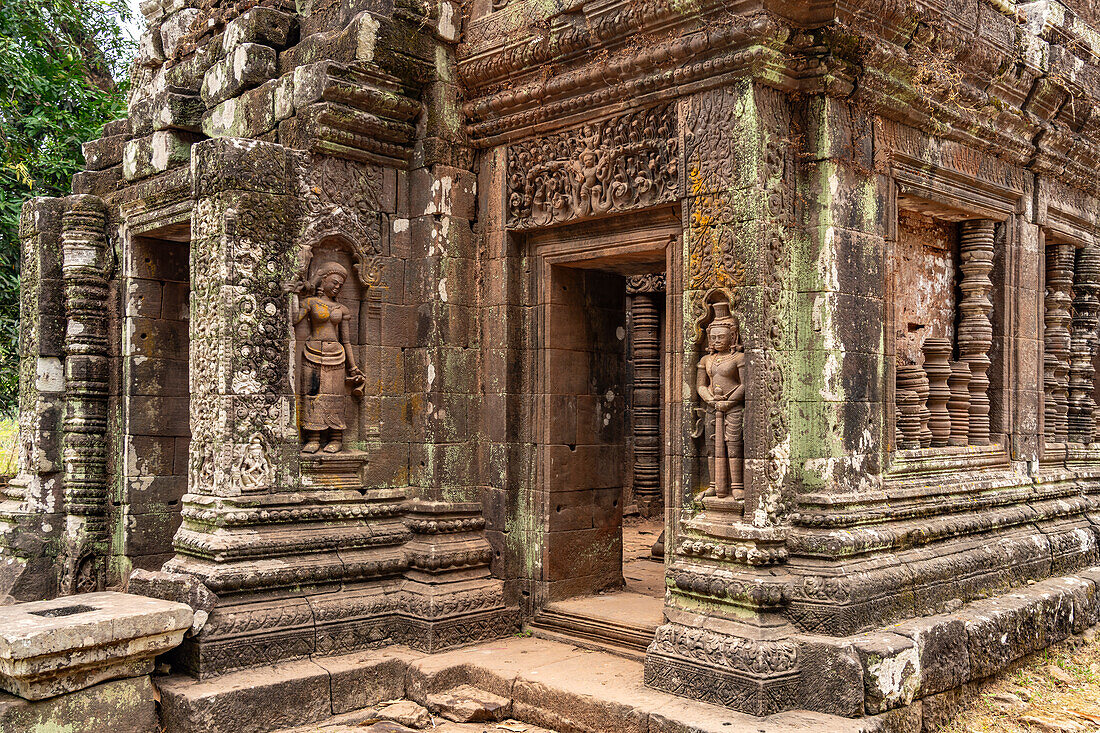 Apsara reliefs at the sanctuary of the mountain temple Wat Phu, Champasak Province, Laos, Asia