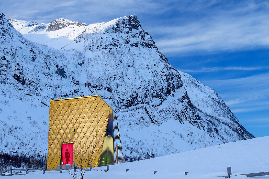 Golden toilet Gulldassen on Ersfjord beach, Ersfjordstranda, Senja, Troms og Finnmark, Norway