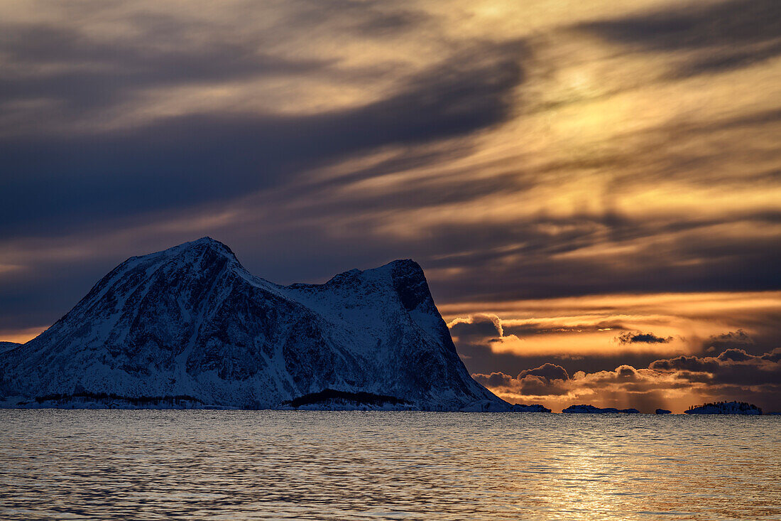 Bad weather clouds over the mountains at Nordfjord, Nordfjord, Skaland, Senja, Troms og Finnmark, Norway