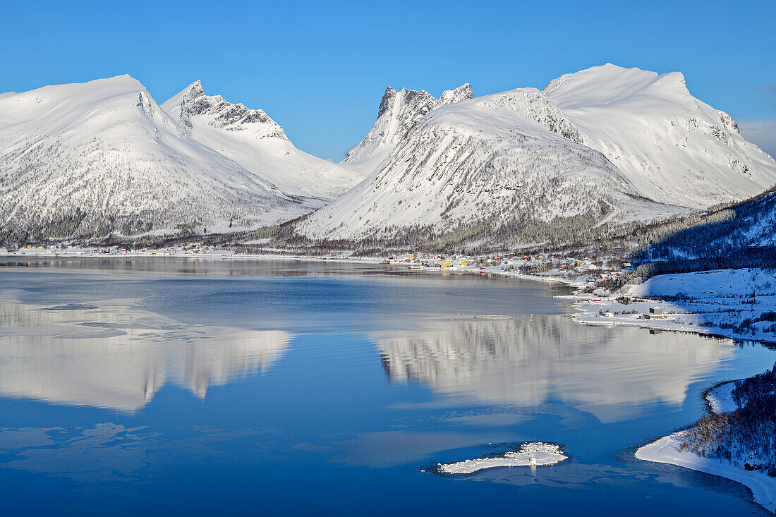Blick von Bergsbotn auf Nordfjord mit sich spiegelnden Bergen, Bergsbotn, Senja, Troms og Finnmark, Norwegen
