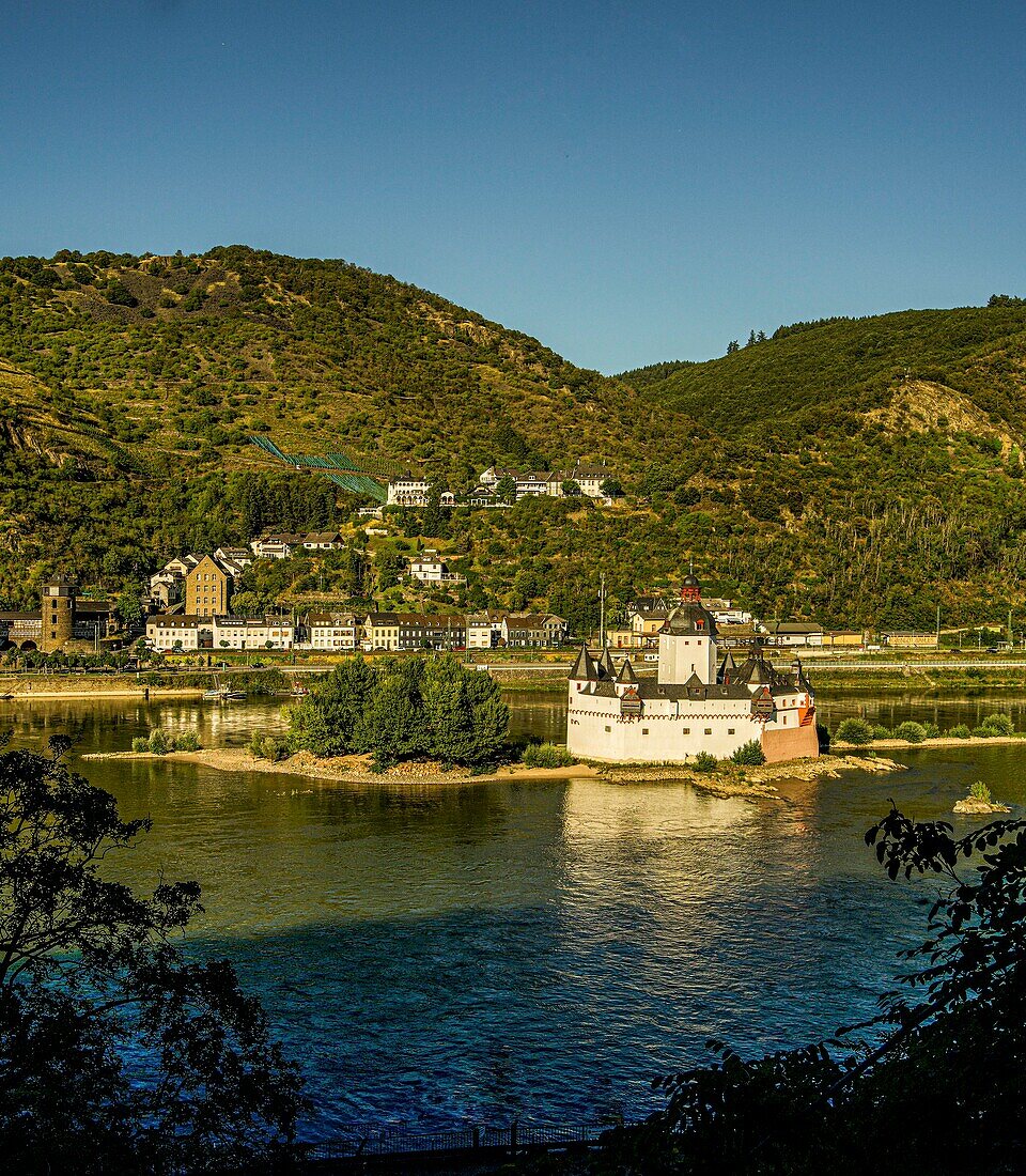 Pfalzgrafenstein Castle on a rocky island in the Rhine from a bird's eye view, Kaub, Upper Middle Rhine Valley, Rhineland-Palatinate, Germany