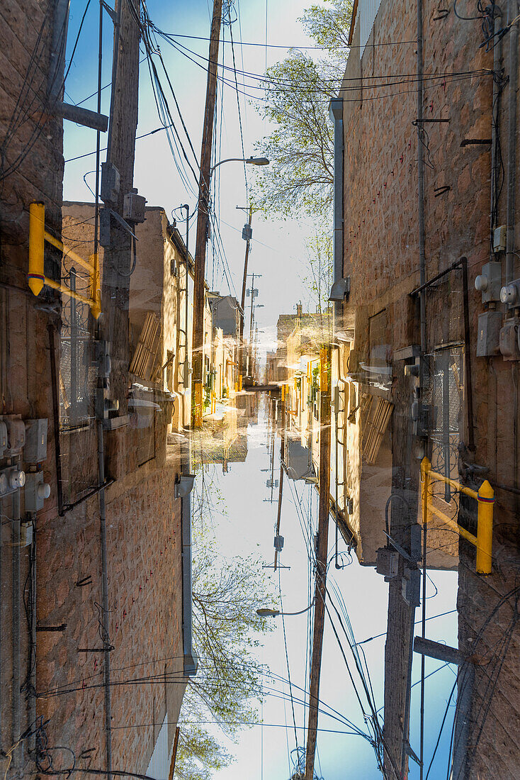 Double exposure of a back alley in Gallup, New Mexico.
