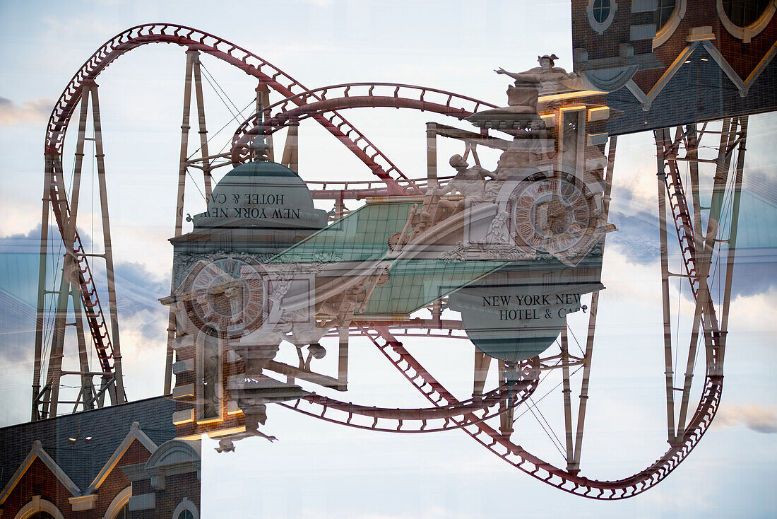 Double exposure of the New York New york hotel on the Strip in Las Vegas, Nevada.