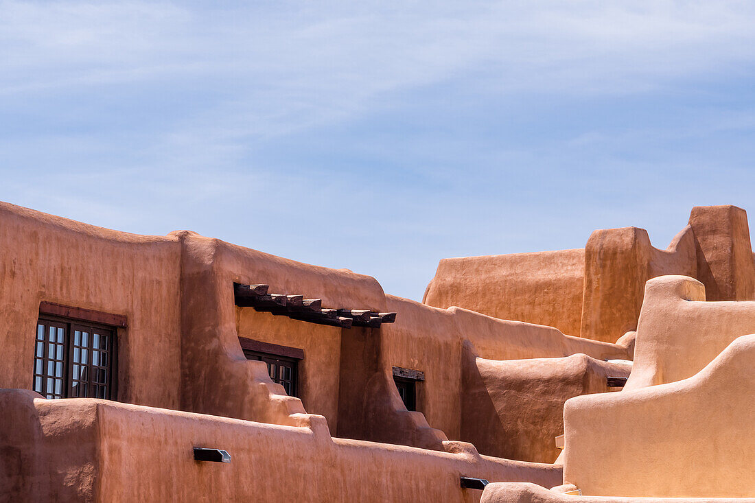 Rooftops of adobe mud buildings in Santa Fe, New Mexico.