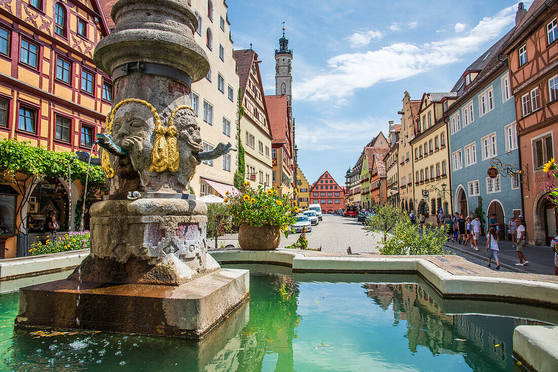 Fountains and historical buildings in Rothenburg ob der Tauber, Middle Franconia, Bavaria, Germany