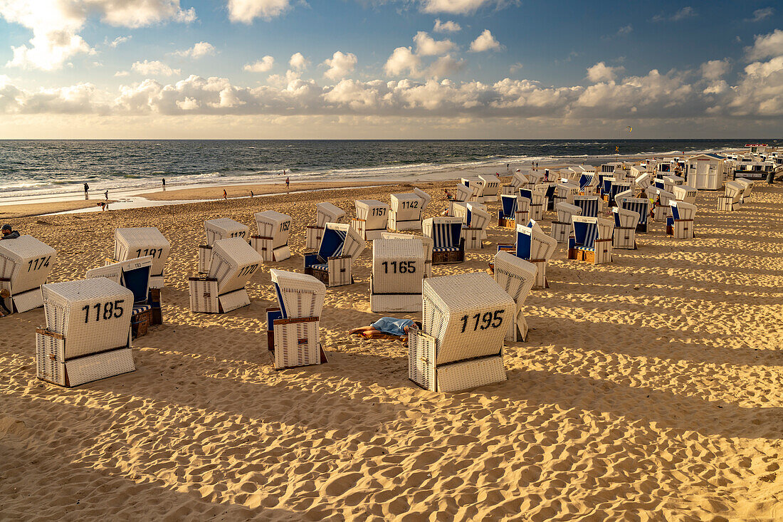 Beach chairs on the western beach near Westerland, Sylt Island, Nordfriesland district, Schleswig-Holstein, Germany, Europe