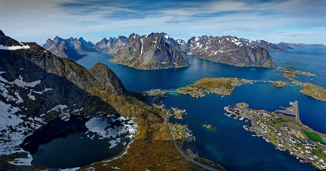 Norway, Lofoten, panorama from Reinebaren, 442m high