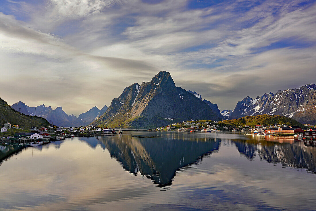 Norway, Lofoten, evening reflection, fishing village Reine