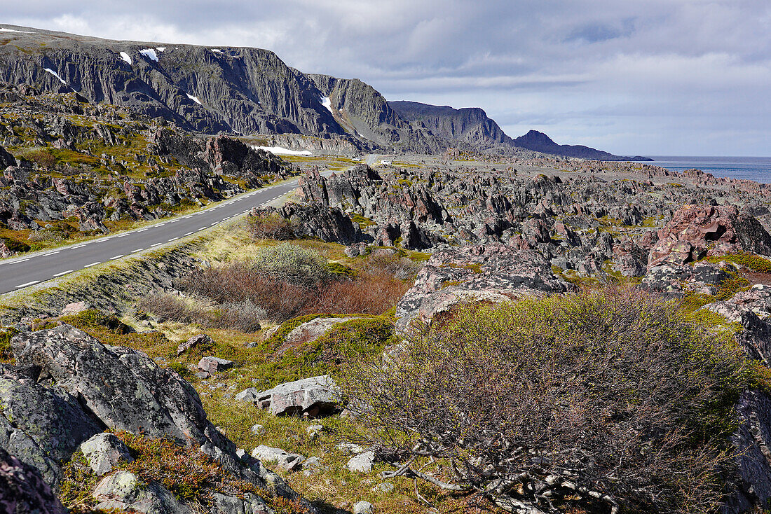 Norwegen, Troms og Finnmark, Schieferfiguren auf der Straße nach Hamningberg an der Barentsee