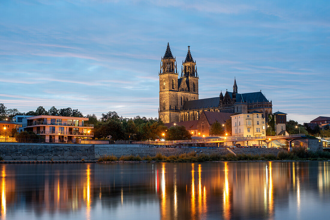 Magdeburg Cathedral shortly after sunset, reflections in the Elbe, Magdeburg, Saxony-Anhalt, Germany