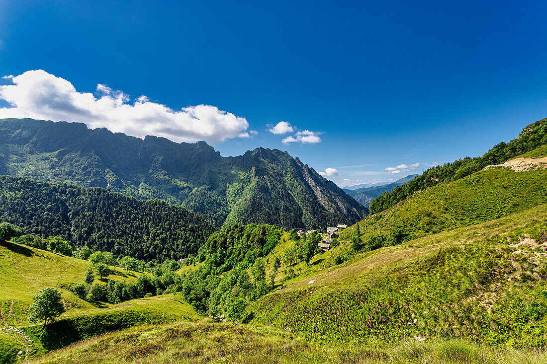 Die idyllische Landschaft des Val Mastellone im Sommer, Rimella, Valsesia, Bezirk Vercelli, Piemont, Italien.