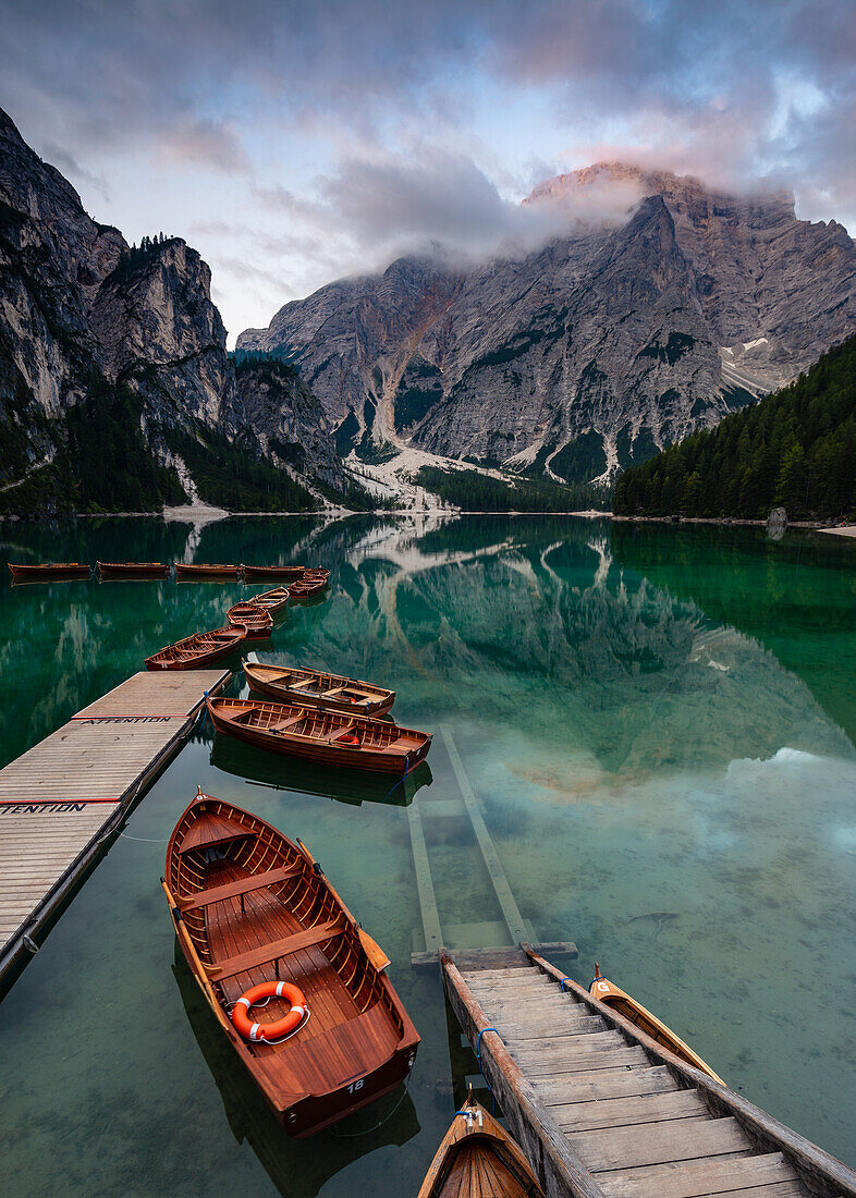 Lake Braies before sunrise, Dolomites, South Tyrol, Italy