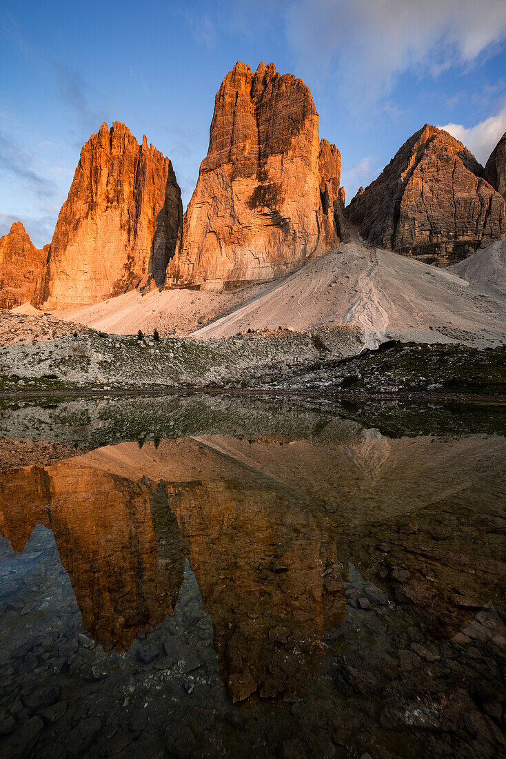 Alpenglow on the Three Peaks, Dolomites, South Tyrol, Italy