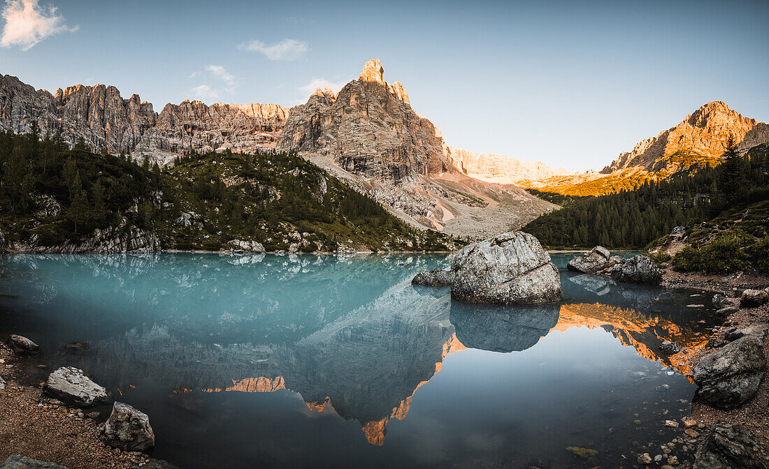 Panorama of sunrise at Laog Sorapis, Dolomites, South Tyrol, Italy