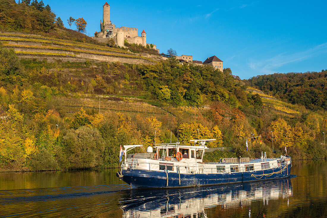 Ein holländischer, zum Hausboot umgebauter Frachtkahn passiert Burg Hornberg am Neckar, Baden-Württemberg, Deutschland