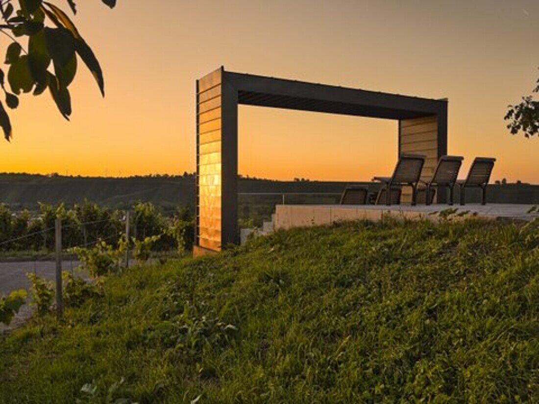 Sunset at the wine cinema in the vineyards of the wine island near the wine town of Nordheim am Main on the Volkacher Mainschleife, Kitzingen district, Lower Fanken, Franconia, Bavaria, Germany