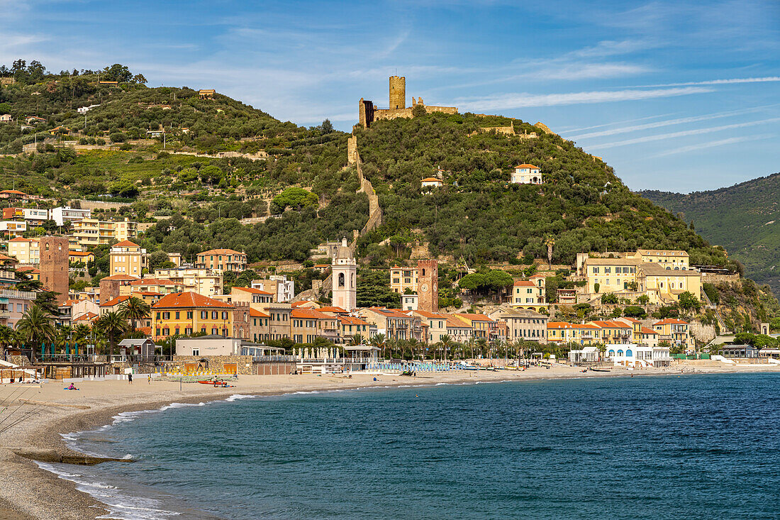 Beach and city view of Noli, Riviera di Ponente, Liguria, Italy, Europe