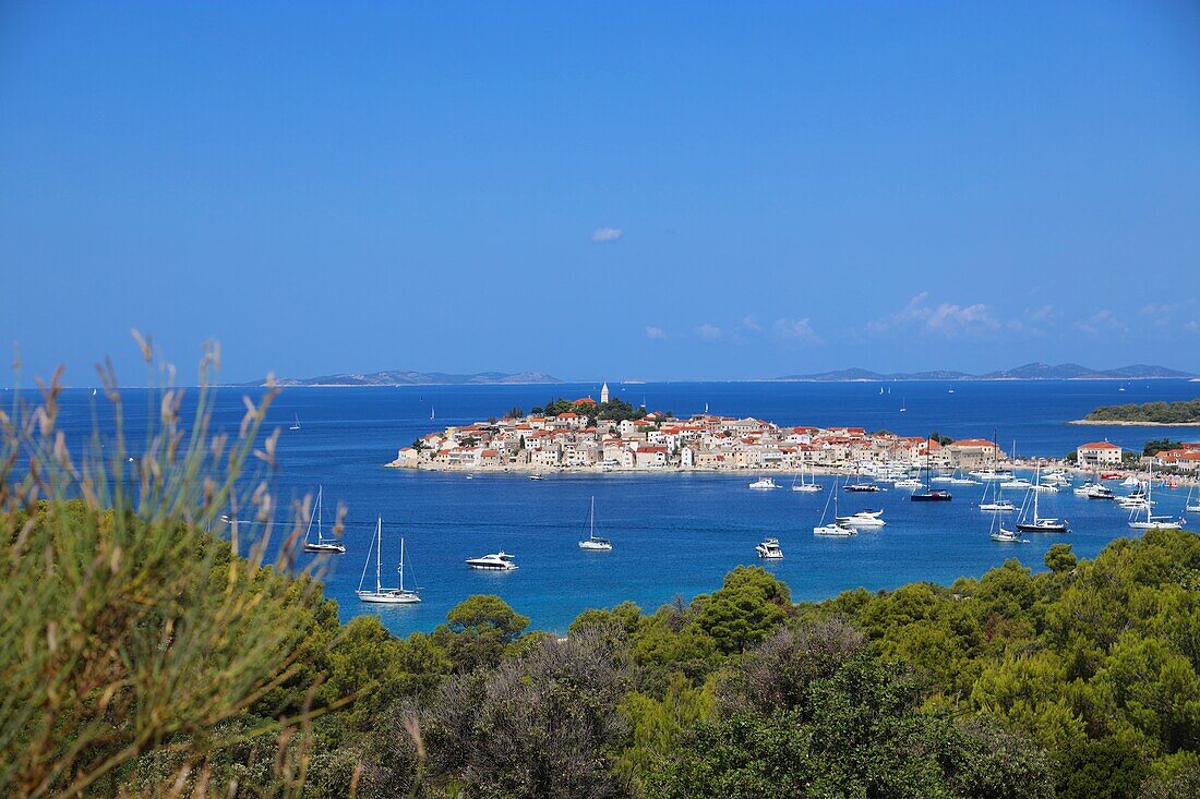 Blick auf die Halbinsel Primosten, Dalamatien, Kroatien