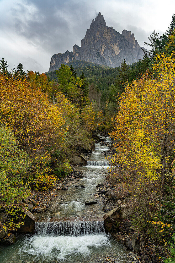 Autumn at the Schwarzgriesbach and the Schlern mountain in Seis am Schlern, South Tyrol, Italy, Europe
