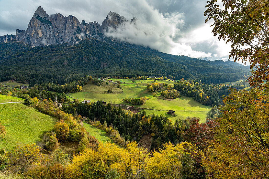 Autumn on the Schlern mountain in Siusi allo Sciliar, South Tyrol, Italy, Europe