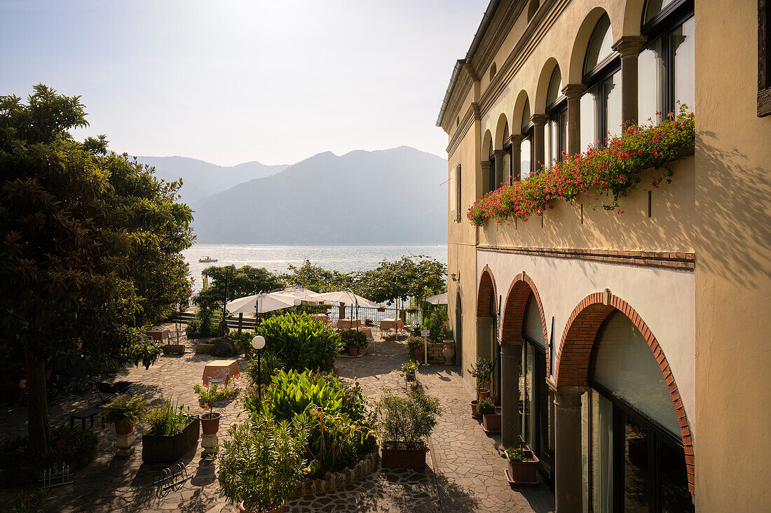 beautiful restaurant near Marone, Lake Iseo (Lago d'Iseo, also Sebino), Brescia and Bergamo, Northern Italian Lakes, Lombardy, Italy, Europe