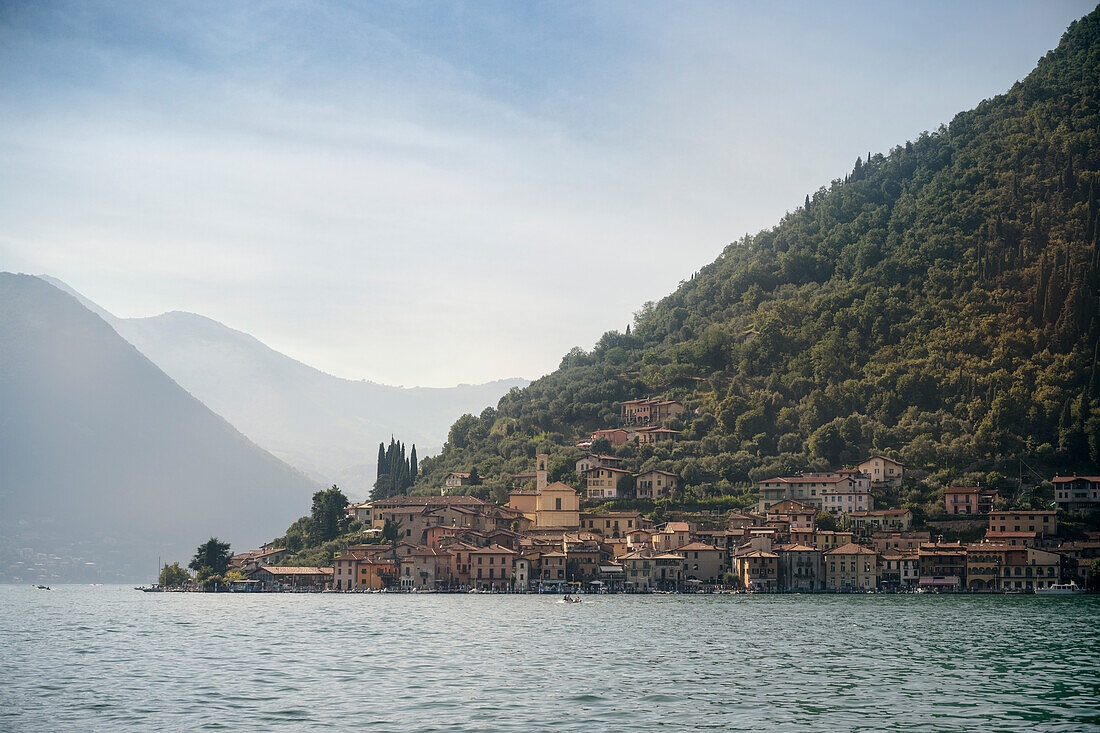 View of the town of Peschiera Maraglio on the island of Monte Isola in Lake Iseo (Lago d'Iseo, also Sebino), Brescia and Bergamo, Northern Italian Lakes, Lombardy, Italy, Europe