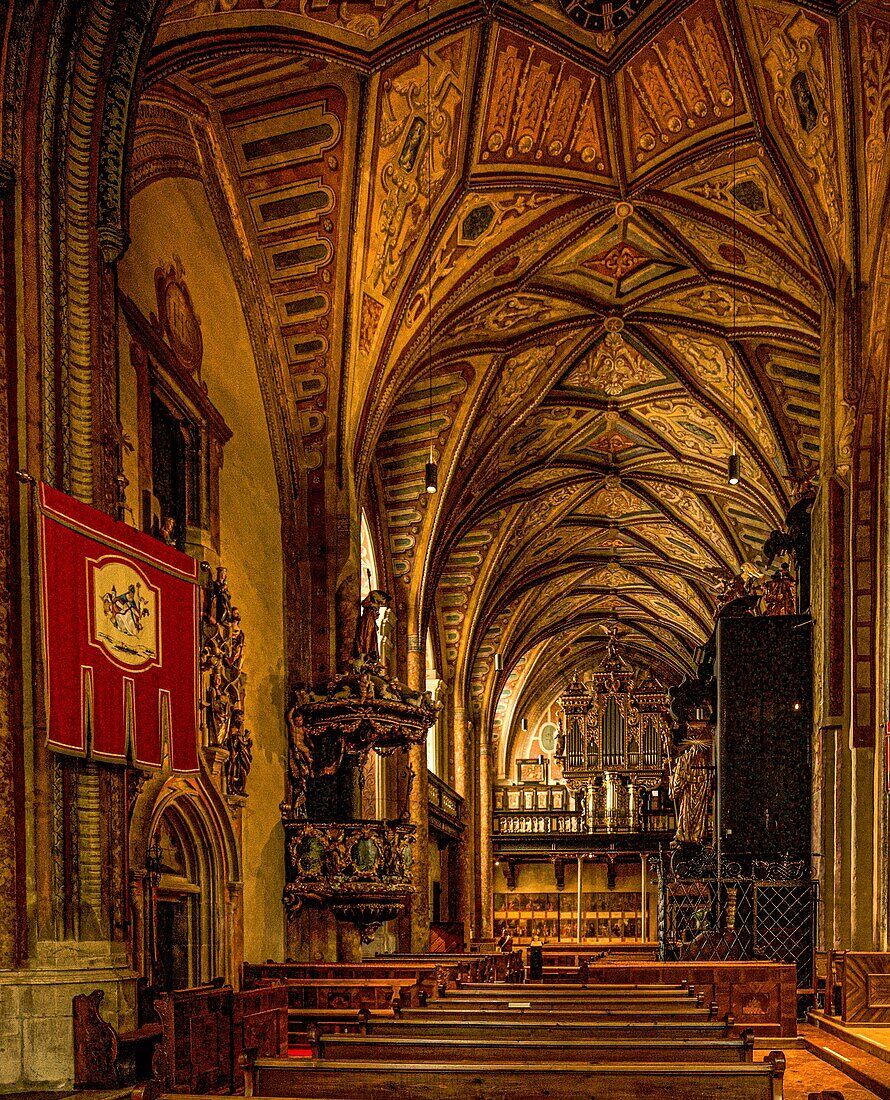 Interior of the parish and pilgrimage church in St. Wolfgang with pulpit and organ, Salzkammergut, Austria