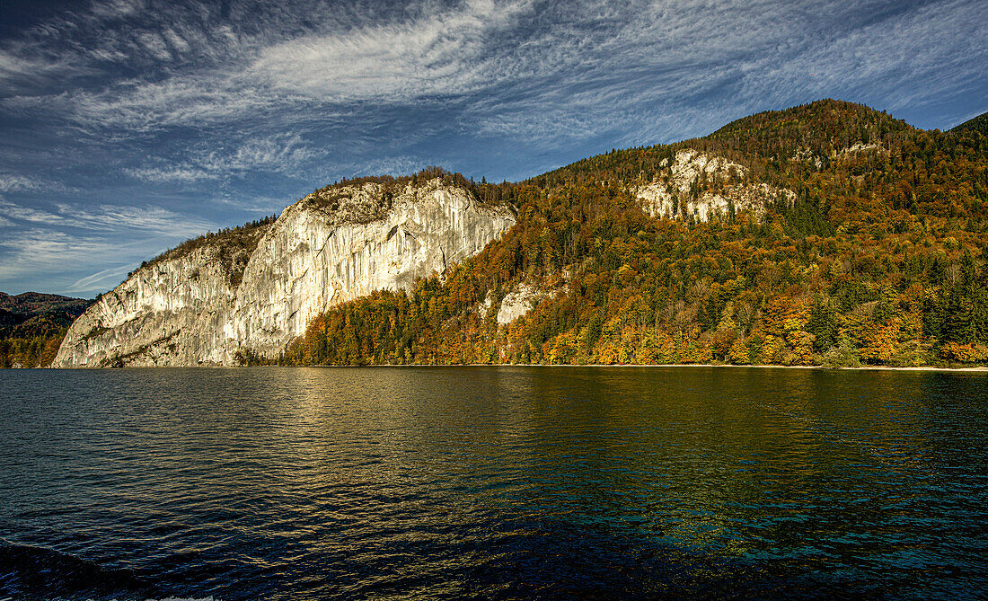 Falkensteinwand and the autumnal shore of Lake Wolfang, Salzkammergut, Austria