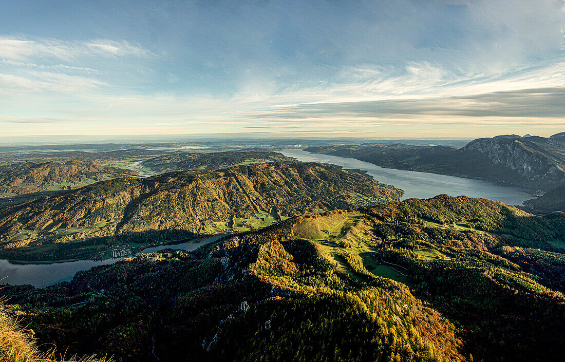 Early morning view from Schafberg of the Mondsee and the mountains of the Salzburger Land, Schafberg, Austria
