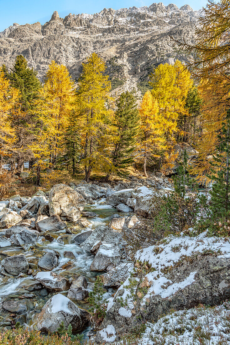 Cascada da Bernina waterfall on the Morteratsch glacier in autumn, Engadin, Graubünden, Switzerland