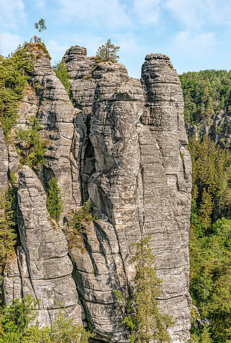 Rock formation of the Ferdinand Lookout seen from the Bastei rock bridge, Saxon Switzerland, Saxony, Germany