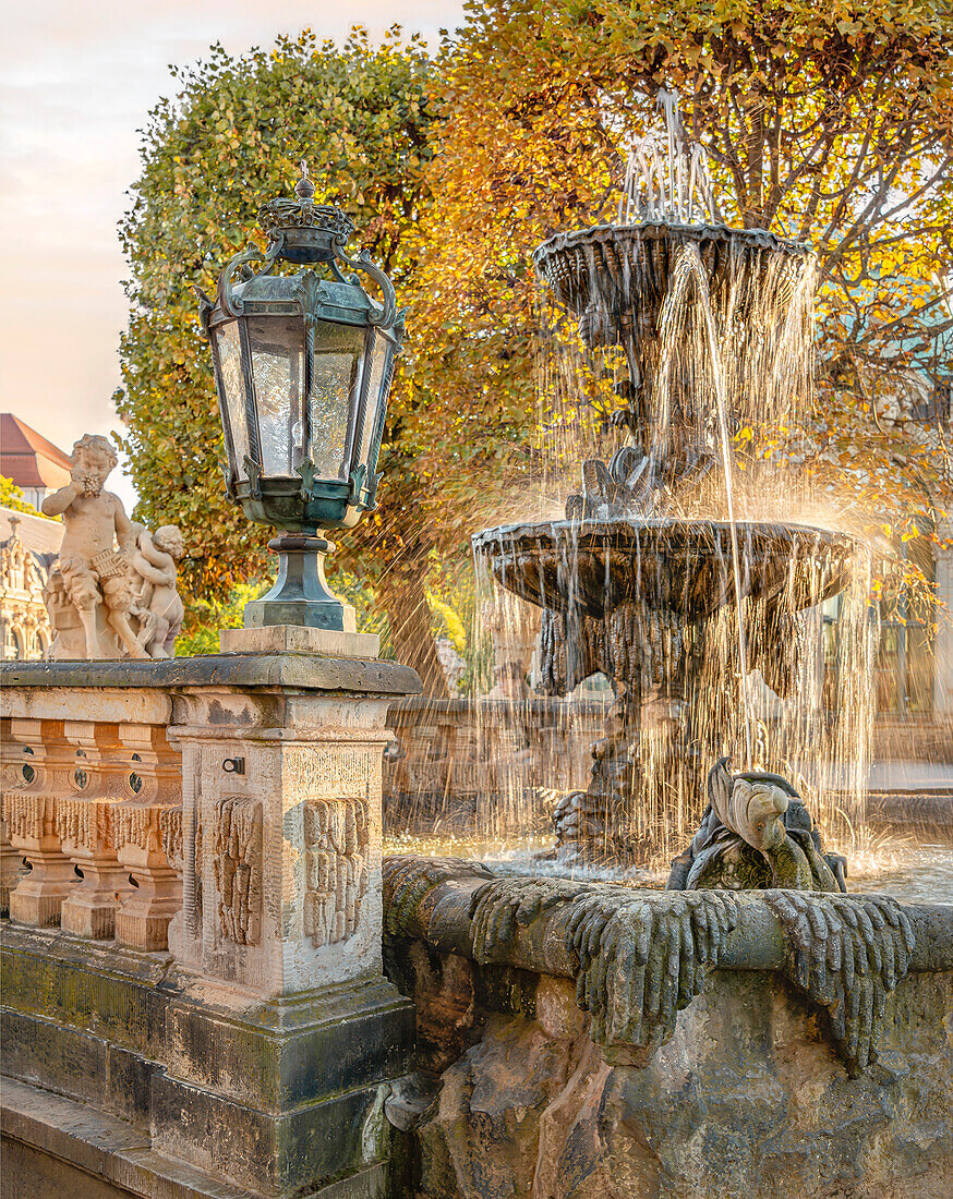 Historical fountain on the rampart terrace of the Dresden Zwinger, Dresden, Saxony, Germany