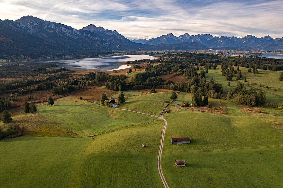 The Allgäu with Bannwaldsee, Forggensee and the Alps seen from the air, Schwangau, Allgäu, Bavaria, Germany