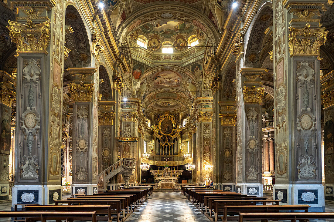 Interior of the Basilica of San Biagio in Finalborgo, Finale Ligure, Riviera di Ponente, Liguria, Italy, Europe