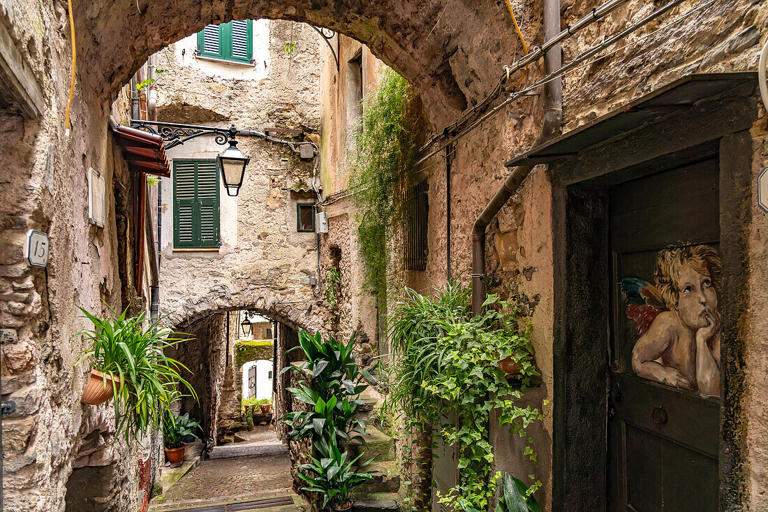 Narrow streets in the medieval village of Rocchetta Nervina in the Val Nervia valley, Liguria, Italy, Europe