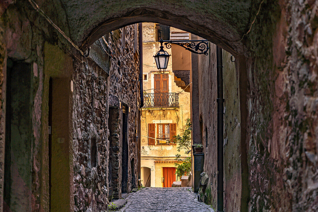 Narrow streets in the medieval village of Rocchetta Nervina in the Val Nervia valley, Liguria, Italy, Europe