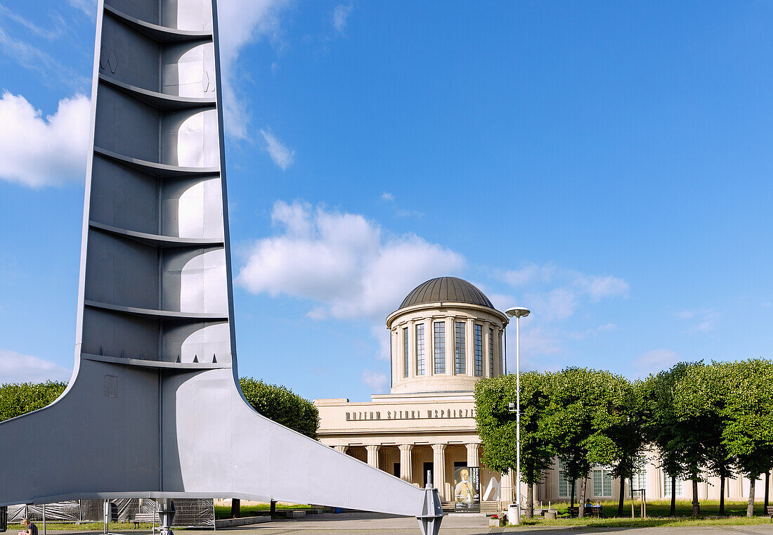 Four-domed pavilion (Pawilon Czterech Kopuł Muzeum Sztuki Współczesnej) with steel sculpture Iglica (Needle) in Wrocław (Wroclaw, Breslau) in Dolnośląskie Voivodeship of Poland
